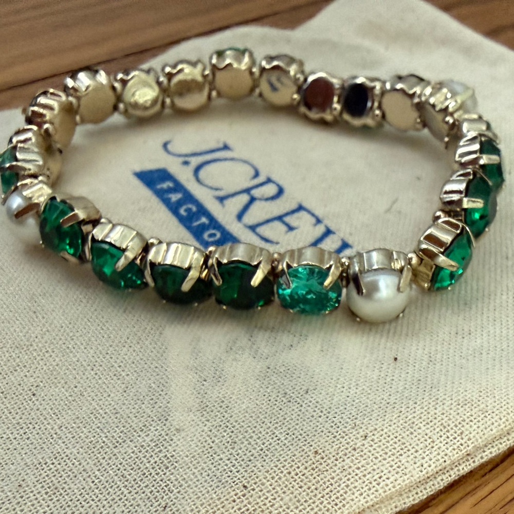 J. Crew Factory Crystal and Pearl Stretch Bracelet - Bright Patina